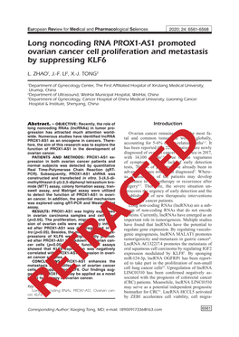 Long Noncoding RNA PROX1-AS1 Promoted Ovarian Cancer Cell Proliferation and Metastasis by Suppressing KLF6