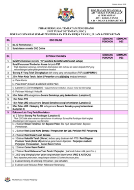 Pihak Berkuasa Tempatan Pengerang Unit Pusat Setempat ( Osc ) Borang Senarai Semak Penerimaan Pelan Kerja Tanah, Jalan & Perparitan