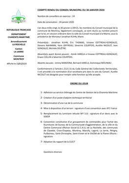 Compte Rendu Du Conseil Municipal Du 30 Janvier 2020