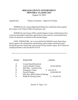 DEKALB COUNTY GOVERNMENT MONTHLY CLAIMS LIST August 18, 2010