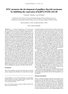 MYC Promotes the Development of Papillary Thyroid Carcinoma by Inhibiting the Expression of Lncrna PAX8‑AS1:28