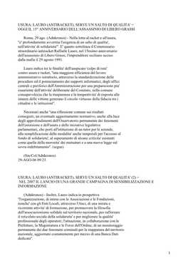 Usura: Lauro (Antiracket), Serve Un Salto Di Qualita' = Oggi Il 15° Anniversario Dell'assassinio Di Libero Grassi