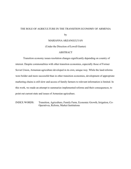 The Role of Agriculture in the Transition Economy of Armenia