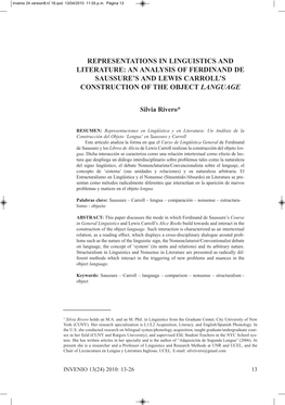 Representations in Linguistics and Literature: an Analysis of Ferdinand De Saussure’S and Lewis Carroll’S Construction of the Object Language