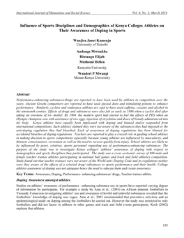 Influence of Sports Disciplines and Demographics of Kenya Colleges Athletes on Their Awareness of Doping in Sports