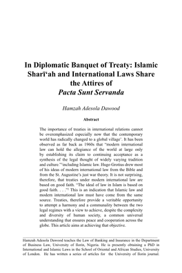 In Diplomatic Banquet of Treaty: Islamic Sharī'ah and International Laws Share the Attires of Pacta Sunt Servanda