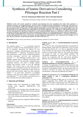 Synthesis of Isatine Derivatives Considering Pfitzinger Reaction Part I