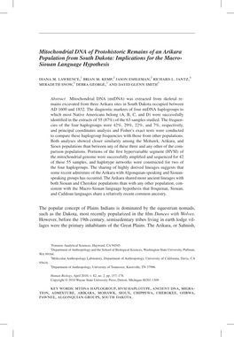 Mitochondrial DNA of Protohistoric Remains of an Arikara Population from South Dakota: Implications for the Macro- Siouan Language Hypothesis