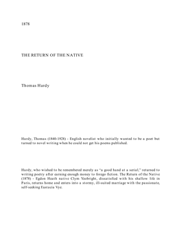 1878 the RETURN of the NATIVE Thomas Hardy