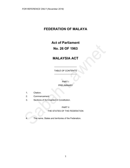 FEDERATION of MALAYA Act of Parliament No. 26 of 1963