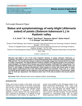 Status and Symptomatology of Early Blight (Alternaria Solani) of Potato (Solanum Tuberosum L.) in Kashmir Valley