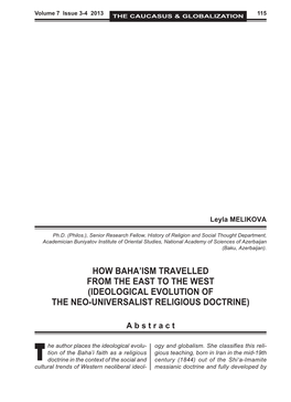 How Baha'ism Travelled from the East to the West (Ideological Evolution of the Neo-Universalist Religious Doctrine)