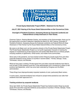 Private Equity Stakeholder Project (PESP) – Statement for the Record