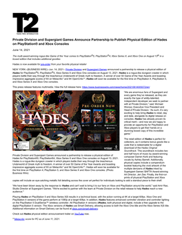 Private Division and Supergiant Games Announce Partnership to Publish Physical Edition of Hades on Playstation® and Xbox Consoles