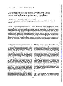 Unsuspected Cardiopulmonary Abnormalities Complicating Bronchopulmonary Dysplasia