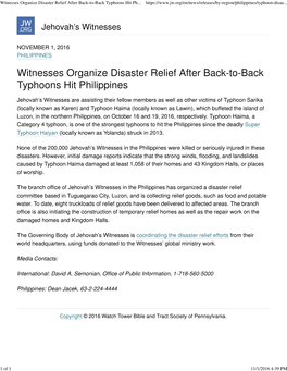 Witnesses Organize Disaster Relief After Back-To-Back Typhoons Hit Ph