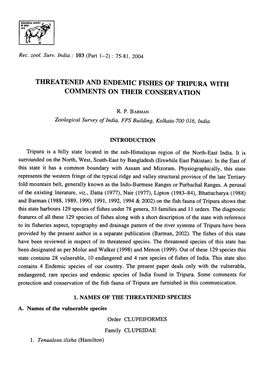 Threatened and Endemic Fishes of Tripura with Comments on Their Conservation