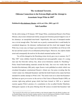 The Accidental Terrorist. Okhrana Connections to the Extreme-Right and the Attempt to Assassinate Sergei Witte in 1907∗