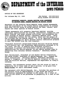 Secretary Babbitt, Alaska Natives Sign Agreement to Protect Bear, Salmon Habitat on Kodiak Island