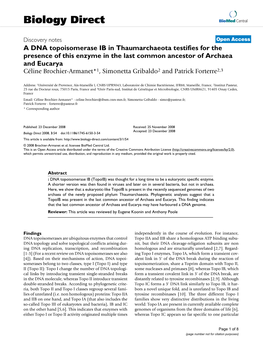 A DNA Topoisomerase IB in Thaumarchaeota Testifies for The