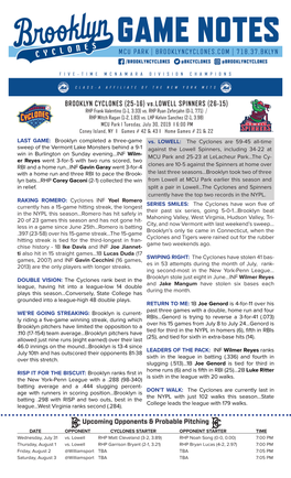 BROOKLYN CYCLONES (25-16) Vs.LOWELL SPINNERS (26-15) RHP Frank Valentino (1-1, 3.33) Vs