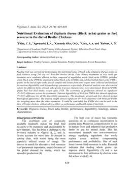 Nutritional Evaluation of Digitaria Iburua (Black Acha) Grains As Feed Resource in the Diet of Broiler Chickens