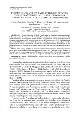 FEMALE COLOR and SEX RATIO in HYBRIDS BETWEEN Papillo GLAUCUS GLAUCUS and P, EURYMEDON, P. RUTULUS, and P, MULTICAUDATUS (PAPILIONIDAE)