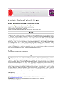 Determination of Biochemical Profile of Bilecik Propolis Bilecik