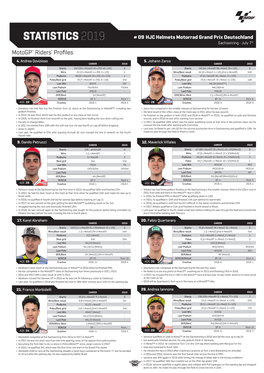 STATISTICS 2019 # 09 HJC Helmets Motorrad Grand Prix Deutschland Sachsenring • July 7Th Motogp™ Riders' Profiles 4