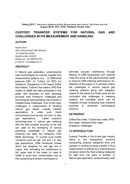 Custody Transfer Systems for Natural Gas and Challenges in Its Measurement and Handling