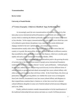 1 Transnationalism Kevin Archer University of South Florida 21 Century Geography: a Reference Handbook Sage, Forthcoming 2012 As