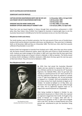 Page | 1 SOUTH AUSTRALIAN AVIATION MUSEUM SIGNIFICANT AVIATOR PROFILES CAPTAIN SIR ROSS MACPHERSON SMITH KBE MC DFC AFC B 4 De