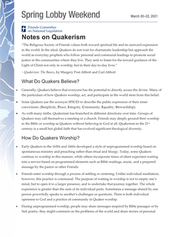 Notes on Quakerism “The Religious Society of Friends Values Both Inward Spiritual Life and Its Outward Expression in the World