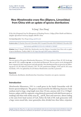 New Metalimnobia Crane Flies (Diptera, Limoniidae) from China with an Update of Species Distributions