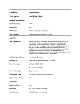 Lab Dept: Hematology Test Name: HAPTOGLOBIN