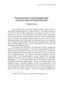 The Present State of the Mongolian Epic and Some Topics for Future Research