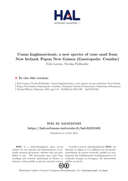 Conus Hughmorrisoni, a New Species of Cone Snail from New Ireland, Papua New Guinea (Gastropoda: Conidae) Felix Lorenz, Nicolas Puillandre