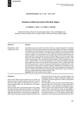 Parasites of Edible Land Snails in Edo State, Nigeria