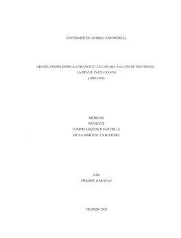 LES RELATIONS ENTRE LA FRANCE ET LE CANADA À LA FIN DU Xixe SIÈCLE: LA REVUE PARIS-CANADA (1 884-1 909)