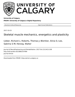 Skeletal Muscle Mechanics, Energetics and Plasticity
