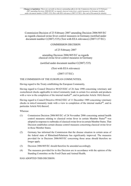 Commission Decision of 23 February 2007 Amending Decision 2006/805/EC As Regards Classical Swine Fever Control Measures in Germa