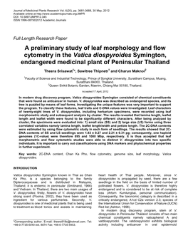 A Preliminary Study of Leaf Morphology and Flow Cytometry in the Vatica Diospyroides Symington, Endangered Medicinal Plant of Peninsular Thailand