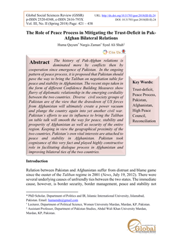 Abstract the History of Pak-Afghan Relations Is Dominated More by Conflicts Then by Cooperation Since Emergence of Pakistan