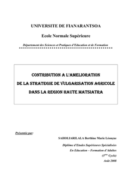 UNIVERSITE DE FIANARANTSOA Ecole Normale Supérieure CONTRIBUTION a L'ame CONTRIBUTION a L'amelioration LIORATION LIORATION