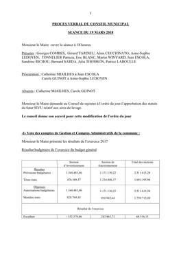 1 PROCES VERBAL DU CONSEIL MUNICIPAL SEANCE DU 19 MARS 2018 Monsieur Le Maire Ouvre La Séance À 18 Heures. Présents : George