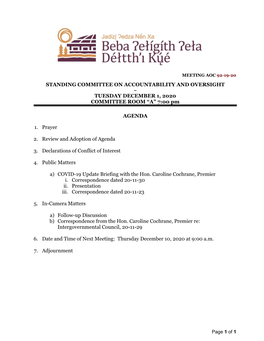 STANDING COMMITTEE on ACCOUNTABILITY and OVERSIGHT ~ TUESDAY DECEMBER 1, 2020 COMMITTEE ROOM “A” 7:00 Pm