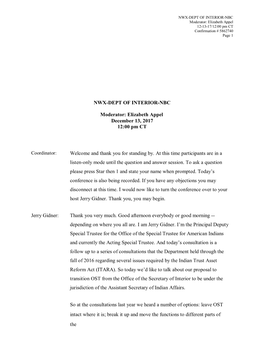 NWX-DEPT of INTERIOR-NBC Moderator: Elizabeth Appel 12-13-17/12:00 Pm CT Confirmation # 5862740 Page 1