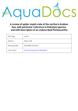 A Review of Spider Majud Crabs of the Nothern Arabian Sea, with Particular