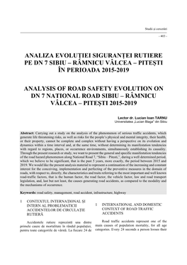 Analiza Evoluției Siguranței Rutiere Pe Dn 7 Sibiu – Râmnicu Vâlcea – Pitești În Perioada 2015-2019