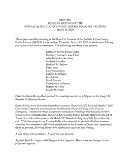 MINUTES REGULAR MEETING of the BUFFALO & ERIE COUNTY PUBLIC LIBRARY BOARD of TRUSTEES March 19, 2020 the Regular Monthly